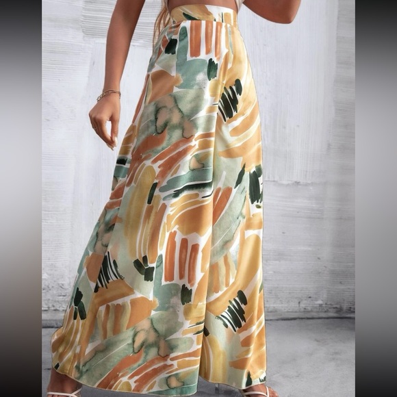 Boho High Waist Watercolor Brush Print Wide Leg Palazzo Pockets Pants - Picture 3 of 6